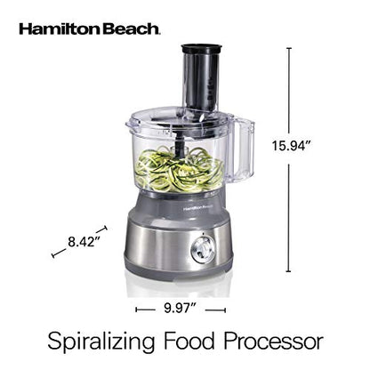 Hamilton Beach Food Processor & Vegetable Chopper for Slicing, Shredding, Mincing, and Puree, 10 Cups + Veggie Spiralizer makes Zoodles and Ribbons, Grey and Stainless Steel (70735)