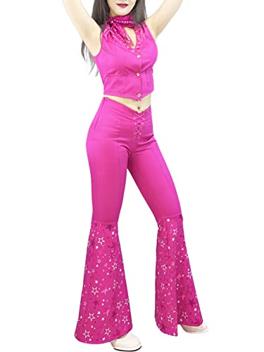 Naywig Cowgirl Outfit 70s 80s Hippie Disco Costume Pink Flare Pant Halloween Cosplay For Women Girls-Medium