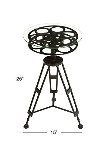 Deco 79 Metal Film Reel Accent Table with Tripod Legs and Glass Top, 15" x 15" x 25", Brown