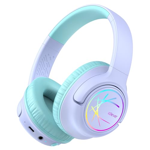 iClever Kids Bluetooth Headphones with LED Lights, BTH18 Safe Volume 74/85/94dBA, 43H Playtime, Stereo Sound, USB-C, AUX Cable, Bluetooth5.3 Over Ear Kids Headphones Wireless for Tablet/Travel, Purple