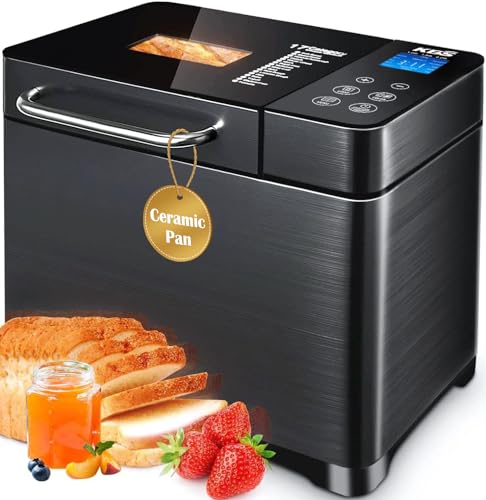 KBS 17-in-1 Bread Maker-Dual Heaters, 710W Machine Stainless Steel with Gluten-Free, Dough Maker,Jam,Yogurt PROG, Auto Nut Dispenser,Ceramic Pan& Touch Panel, 3 Loaf Sizes 3 Crust Colors,Recipes