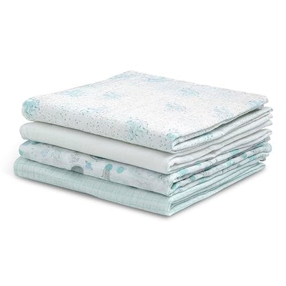 Delta Children 100% Cotton Muslin Baby Receiving Blankets for Girls and Boys – 47x47 Inches (Pack of 4), Sea Life