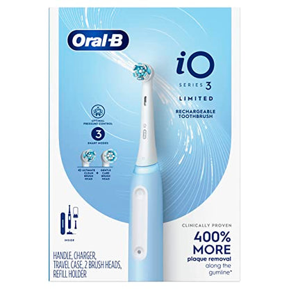 Oral-B iO Series 3 Limited Rechargeable Electric Powered Toothbrush, Blue with 2 Brush Heads and Travel Case - Visible Pressure Sensor to Protect Gums - 3 Modes - 2 Minute Timer