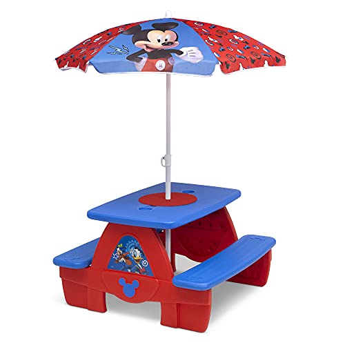 Disney Mickey Mouse 4 Seat Activity Picnic Table with Umbrella and Lego Compatible Tabletop by Delta Children, 32.5 in x 34.25 in x 53.5 in