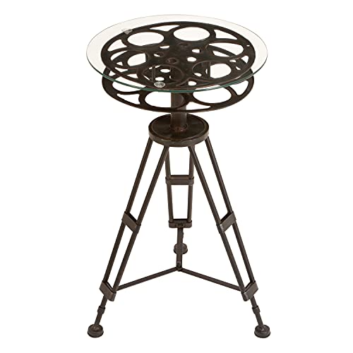 Deco 79 Metal Film Reel Accent Table with Tripod Legs and Glass Top, 15" x 15" x 25", Brown