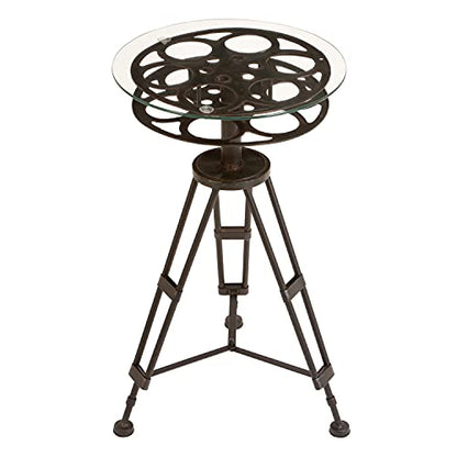 Deco 79 Metal Film Reel Accent Table with Tripod Legs and Glass Top, 15" x 15" x 25", Brown