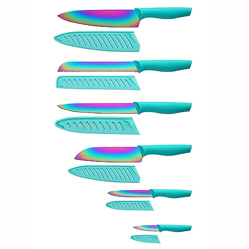 Marco Almond Kitchen Knife Set, KYA37 12-Piece Rainbow Titanium Stainless Steel Boxed Knives Set for Kitchen with Covers, 6 Knives with 6 Blade Guards