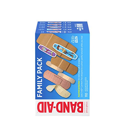 Band-Aid Adhesive Bandage Family Variety Pack in Assorted Sizes Featuring Water Block & Skin Flex, Flexible Fabric, Tough Strips & Pixar Character Bandages, 110 Count