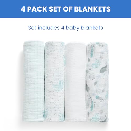 Delta Children 100% Cotton Muslin Baby Receiving Blankets for Girls and Boys – 47x47 Inches (Pack of 4), Sea Life