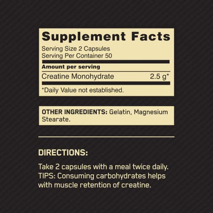 Optimum Nutrition Micronized Creatine Monohydrate Capsules, Keto Friendly, 2500mg, 100 Capsules