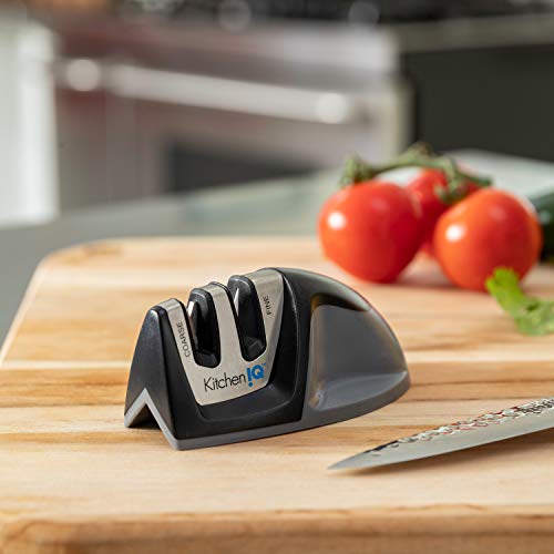 KitchenIQ 50009 Edge Grip 2-Stage Knife Sharpener, Black, Coarse & Fine Sharpeners, Compact for Easy Storage, Stable Non-Slip Base, Soft Grip Rubber Handle, Straight & Serrated Knives