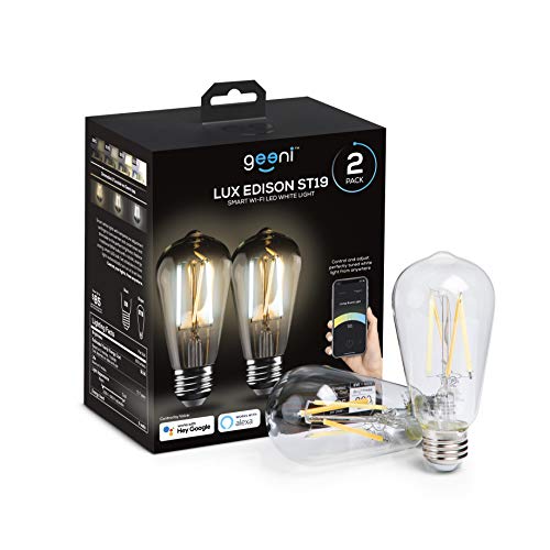 Geeni LUX Edison ST19 Edison WiFi LED Smart Bulb, 2700K - 6500K 8W, E26 Base, Dimmable, Tunable White Light, Compatible with Amazon Alexa & Google Home - No Hub Required- 2 Pack