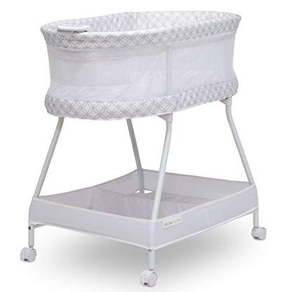 Delta Children Sweet Dreams Bassinet with Airflow Mesh Bedside Portable Crib with Vibration Lights and Music, Grey Infinity