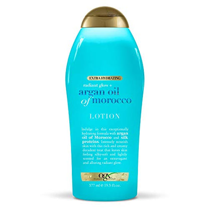 OGX Radiant Glow + Argan Oil of Morocco Extra Hydrating Body Lotion for Dry Skin, Nourishing Creamy Body & Hand Cream for Silky Soft Skin, Paraben-Free, Sulfated-Surfactants Free, 19.5 fl oz