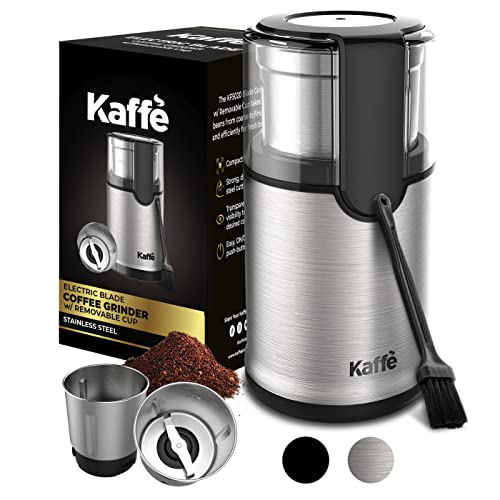 Kaffe Electric Coffee Bean Grinder w/Removable Cup & Cleaning Brush. Easy On/Off Operation for Espresso, Cold Brew, Herbs, Spices, Nuts. (14 Cup / 3.5oz) Stainless Steel