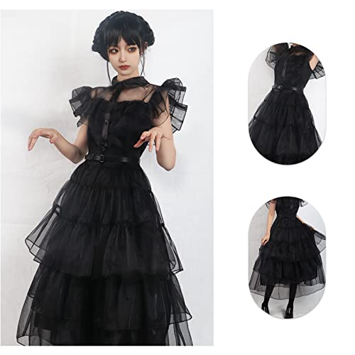 Family Wednesday Costume Women Girl Vintage Goth Black Dress Cosplay Tulle Lace Skirt Halloween Party Outfit (-Medium-Dress)