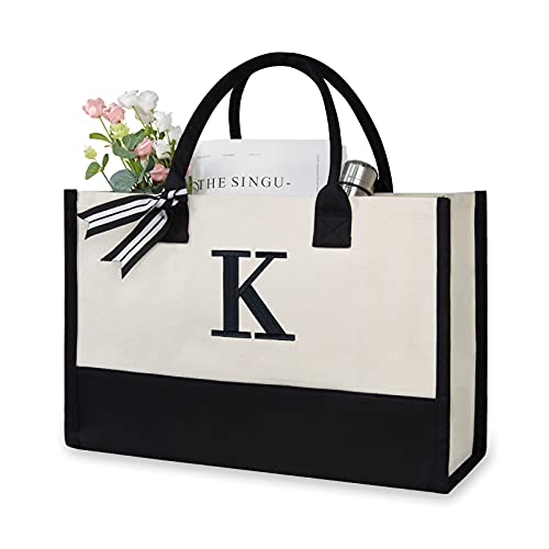 TOPDesign Embroidery Initial Canvas Tote Bag, Personalized Present Bag, Suitable for Wedding, Birthday, Beach, Holiday, is a Great Gift for Women, Mom, Teachers, Friends, Bridesmaids (Letter K)