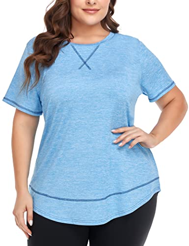 COOTRY Plus Size Workout Tops for Women Short Sleeve Loose fit Shirts Athletic Gym Yoga Clothing Short Blue 2XL