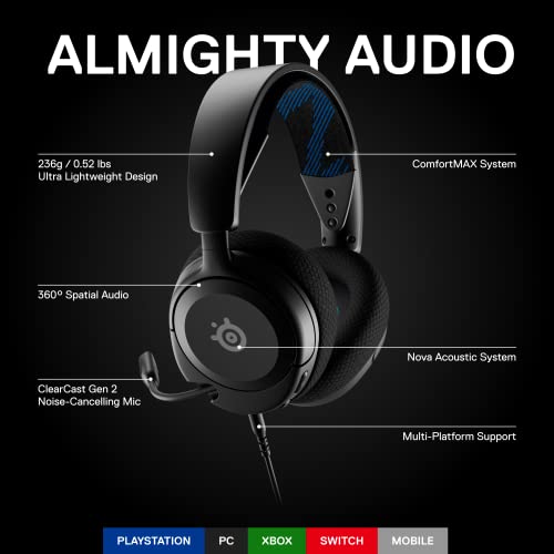 SteelSeries New Arctis Nova 1P Multi-System Gaming wired Headset — Hi-Fi Drivers — 360° Spatial Audio — Comfort Design — Durable — Lightweight—Noise-Cancelling Mic — PS5/PS4, PC, Xbox, Switch - Black