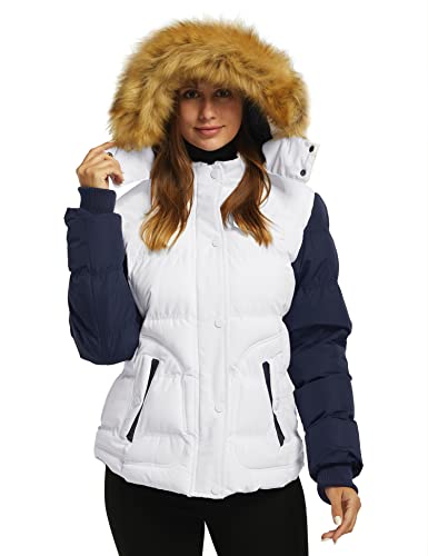 Wantdo Women's Waterproof Bubble Coats Casual Fur Hooded Puffer Jacket (White & Navy, Large)