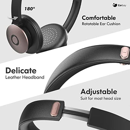 Bluetooth Headset with Microphone, Wireless Headset with Noise Cancelling Mic, On Ear Headphone with USB Dongle & Mute Button, 26hrs Talk time for PC/Office/Zoom/Skype Rose Gold