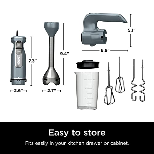 Ninja CI105BRN Foodi Power Mixer System, 750-Peak-Watt Immersion Blender and Hand Mixer, EasyGlide Beaters, Dough Hooks, 3-Cup Blending Vessel, Sea Salt Gray