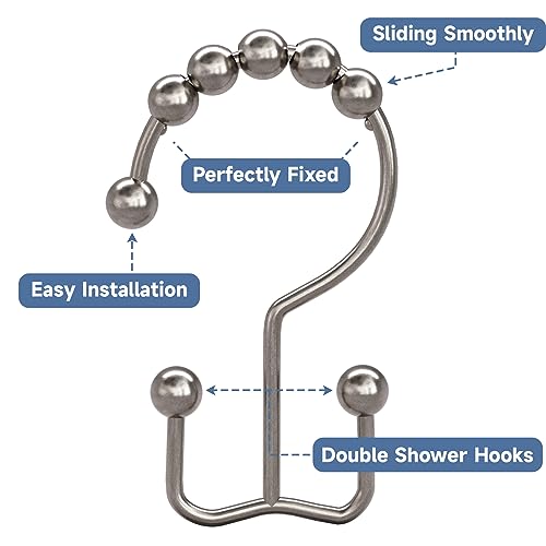 Titanker Shower Curtain Hooks, Shower Curtain Rings Rust Proof Metal Double Glide Shower Hooks Rings for Bathroom Shower Rods Curtains, Set of 12 Hooks - Nickel