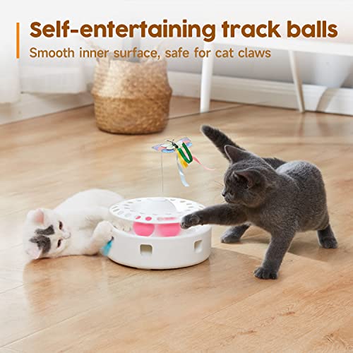 Potaroma Cat Toys 3in1 Automatic Interactive Kitten Toy, Fluttering Butterfly, Moving Ambush Feather, Track Balls, Dual Power Supplies, USB Powered, Indoor Exercise Kicker (Bright White)