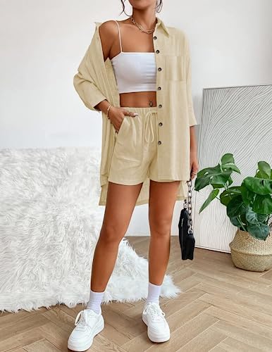 Beyove Women's 2 Piece Linen Set Beach Outfit Button Down High Low Shirt and Drawstring Short with Pockets Casual Lounge Wear, khaki XXL