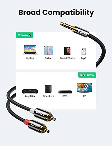 UGREEN 3.5mm to RCA Cable, 10FT RCA Male to Aux Audio Adapter HiFi Sound Headphone Jack Adapter Metal Shell RCA Y Splitter RCA Auxiliary Cord 1/8 to RCA Connector for Phone Speaker MP3 Tablet HDTV