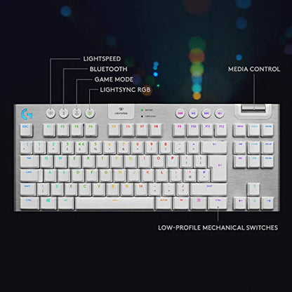 Logitech G915 TKL Tenkeyless Lightspeed Wireless RGB Mechanical Gaming Keyboard, Low Profile Switch Options, Lightsync RGB, Advanced Wireless and Bluetooth Support - Tactile, White