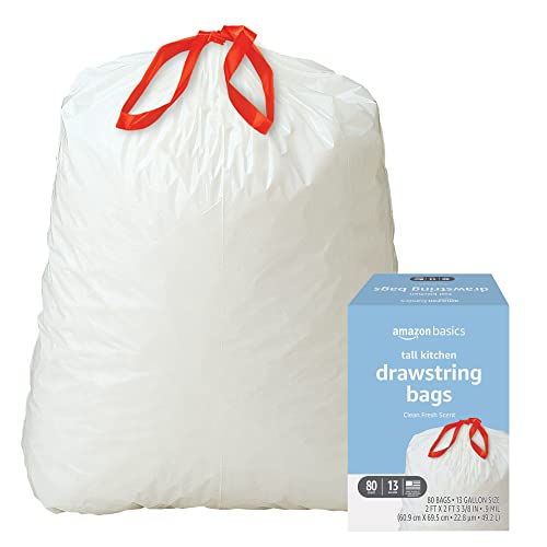 Amazon Basics Tall Kitchen Drawstring Trash Bags, Clean Fresh Scent, 13 Gallon, 80 Count (Previously Solimo)