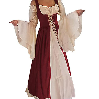 Abaowedding Womens's Medieval Renaissance Costume Cosplay Chemise and Over Dress Small/Large Wine Red and Ivory