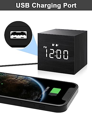 JALL Digital Alarm Clock, with Wooden Electronic LED Time Display, Dual Alarm, 2.5-inch Cubic Small Mini Wood Made Electric Clocks for Bedroom, Bedside, Desk, Black