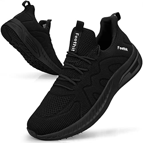 Feethit Mens Slip on Walking Shoes Fashion Lightweight Non Slip Running Sneakers Breathable Comfortable Sneakers for Gym Travel Work All Black 11