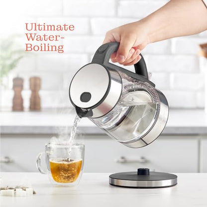 Speed-Boil Electric Kettle For Coffee & Tea - 1.7L Water Boiler 1500W, Borosilicate Glass, Easy Clean Wide Opening, Auto Shut-Off, Cool Touch Handle, LED Light. 360° Rotation, Boil Dry Protection