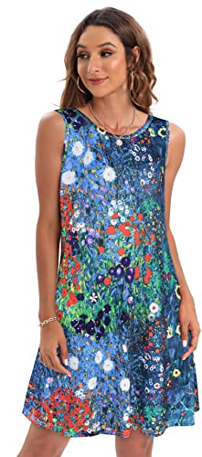 Summer T-Shirt Dress for Women Sleeveless Beach Bohemian Floral Sundress Tunic Swing Casual Loose Pockets(Blue Garden Floral,L)