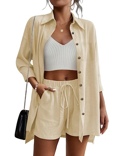 Beyove Women's 2 Piece Linen Set Beach Outfit Button Down High Low Shirt and Drawstring Short with Pockets Casual Lounge Wear, khaki XXL