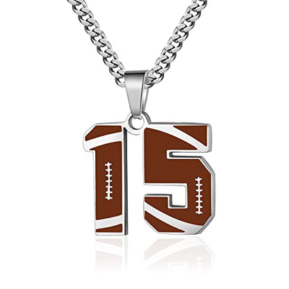 ZRAY Football Number Necklace for Boys Athletes Jersey Number Necklace Silver Stainless Steel Chain 22+2inch Football Charm Pendant Number Chain Inspirational Football Jewelry Gift for Men(15)