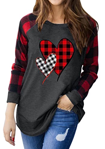 Valentine's Day Shirt Women Buffalo Plaid Love Heart Graphic Tees Letter Print Long Sleeve Tops Shirts (Grey, Medium)