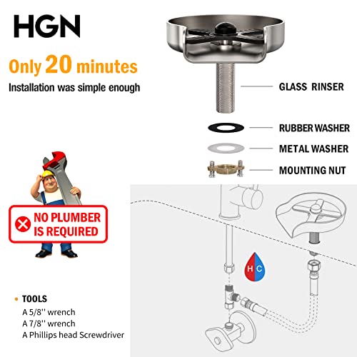 HGN Metal Faucet Glass Rinser for Kitchen Sinks,Bottle Washer,Kitchen Sink Accessories,Stainless Steel,Brush Nickel