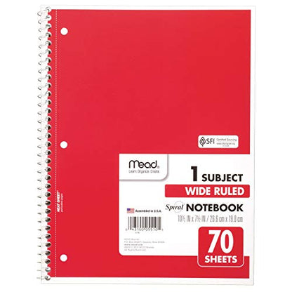 Mead Spiral Notebook, 6 Pack, 1-Subject, Wide Ruled Paper, 7-1/2" x 10-1/2", 70 Sheets per Notebook, Color Will Vary (73063)