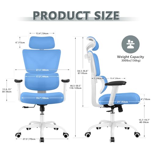 Winrise Office Chair Ergonomic Desk Chair, High Back Gaming Chair, Big and Tall Reclining chair Comfy Home Office Desk Chair Lumbar Support Breathable Mesh Computer Chair Adjustable Armrests(Sky Blue)