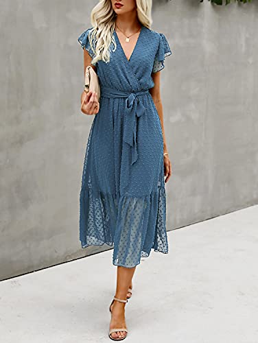 BTFBM Women Summer Bohemian Floral Casual Wrap V Neck Ruffle Cap Sleeveless Belt A-Line Pleated Hem Swing Midi Sun Dress (Swiss Dot Grey Blue, m)