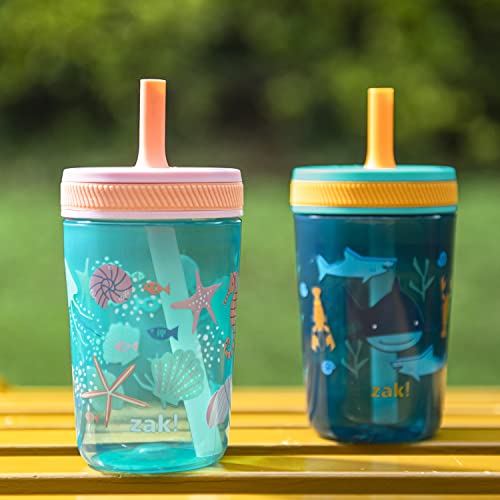 Zak Designs Kelso 15 oz Tumbler Set, (Shells) Non-BPA Leak-Proof Screw-On Lid with Straw Made of Durable Plastic and Silicone, Perfect Baby Cup Bundle for Kids (2pc Set)