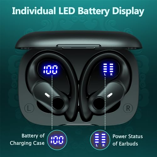 GOLREX Ear Buds Bluetooth Headphones Wireless Earbuds 36Hrs Playback Wireless Charging Case Digital Display Over-Ear Earphones with Earhook Waterproof Headset with Mic for Sport Running Workout Black