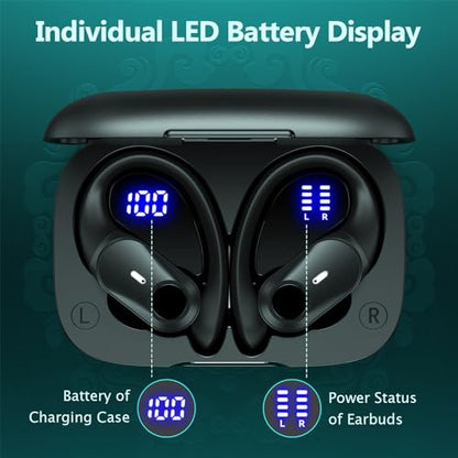 GOLREX Ear Buds Bluetooth Headphones Wireless Earbuds 36Hrs Playback Wireless Charging Case Digital Display Over-Ear Earphones with Earhook Waterproof Headset with Mic for Sport Running Workout Black