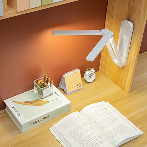 LuxLumin Double Head Desk Lamp with Large Lighting Range,Mini Lamp for Small Spaces,Rechargeable Foldable and Portable Desk Lamp with USB-C Cable for Travelling,Small Desk Lamp for College Dorm, White