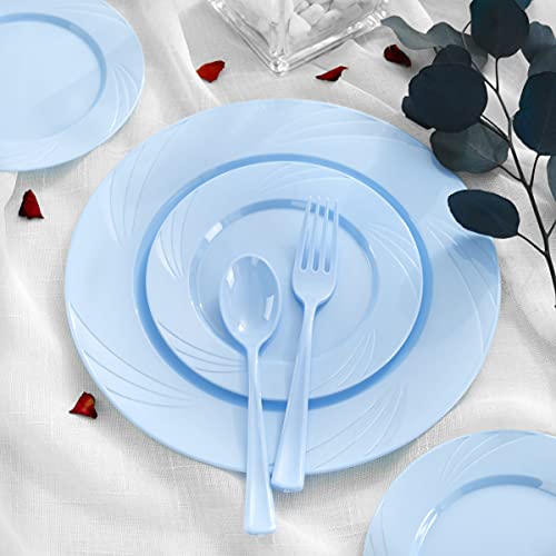 YOUBET 125Pieces Blue Plastic Plates-Blue Plastic Silverware-Include 25 Dinner Plates 25 Dessert Plates 25 Forks 25 Knives 25 Spoons- Blue Plastic Dinnerware for Parties