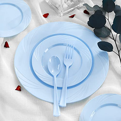 YOUBET 125Pieces Blue Plastic Plates-Blue Plastic Silverware-Include 25 Dinner Plates 25 Dessert Plates 25 Forks 25 Knives 25 Spoons- Blue Plastic Dinnerware for Parties